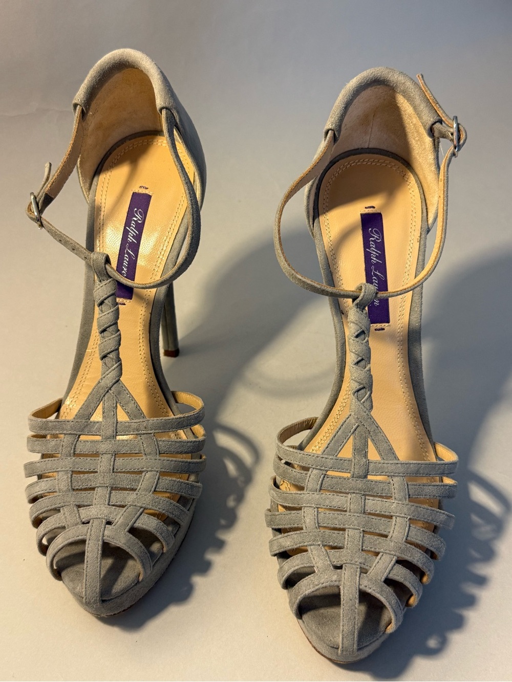 Ralph Lauren Gray Suede Woven T-Strap Heels